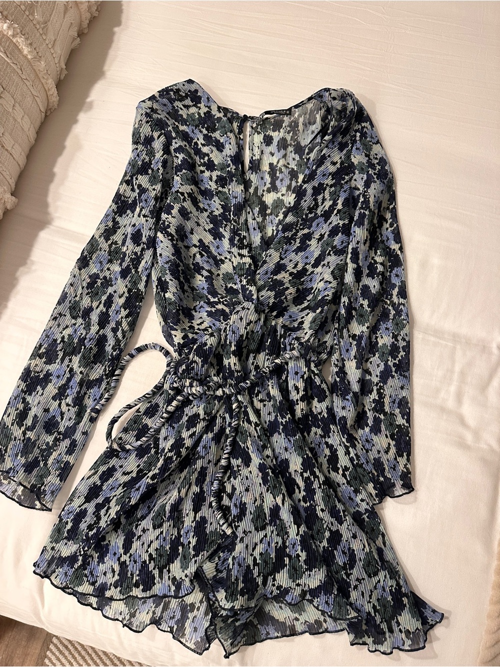 Zara Blue and Green Floral Long-Sleeve Wrap Jumpsuit